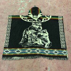 Unbranded Wolf Graphic Poncho Unisex OS Black Rainbow Hooded Fringed Woven Wrap